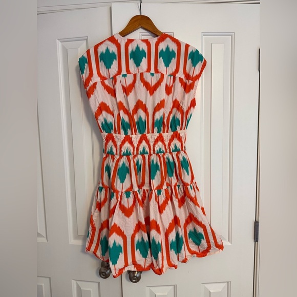Oliphant Smocked Waist Mini Dress in Odisha Coral Print Women's Sz S Orange Teal - Picture 14 of 14